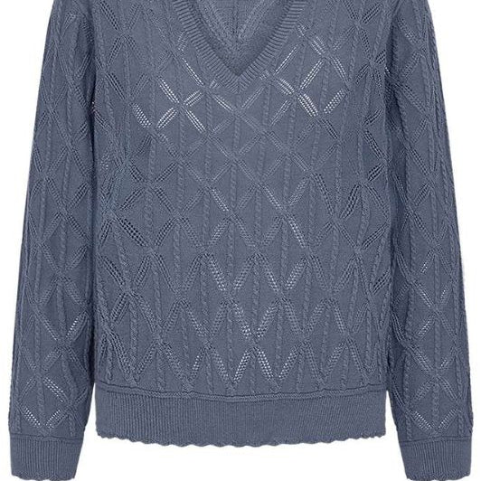 FreeQuent Dodo strik pullover | V-neck med hulmønster indigo blå