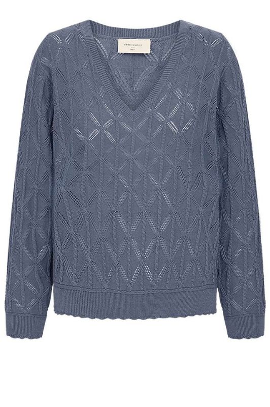 FreeQuent Dodo strik pullover | V-neck med hulmønster indigo blå
