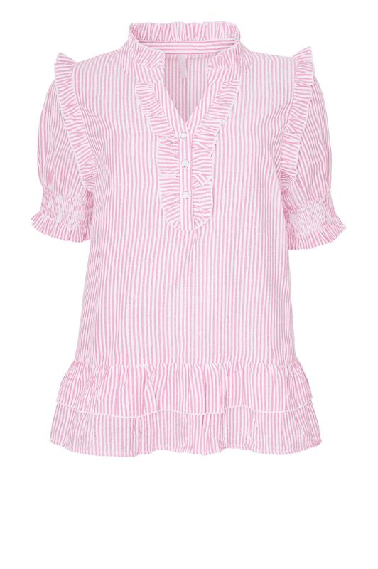 Ofelia Neel bluse | Pink stribet bluse med flæse
