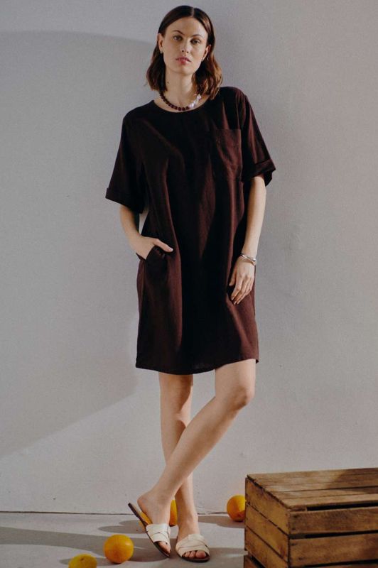 Freequent Lava dress | Hørkjole med lommer i brun I Dresslab