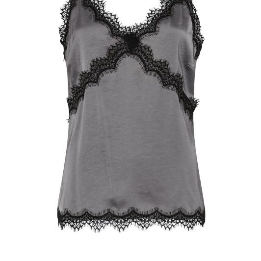 La Rouge Lotte | Satin top med blondekant i grå
