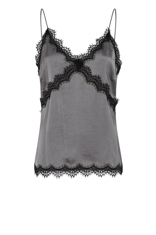 La Rouge Lotte | Satin top med blondekant i grå