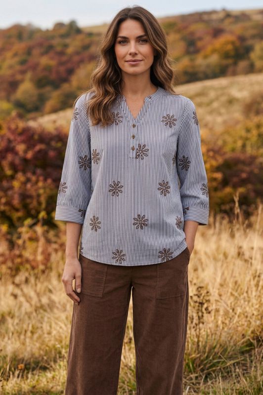 Ofelia Ella blå stribet bluse med brunt broderi print I Dresslab
