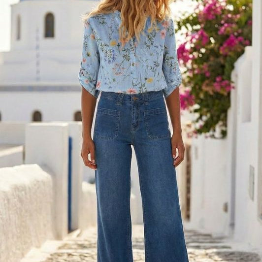 Moondust gage bluse i bomuld I Blå med farverige blomster I Dresslab