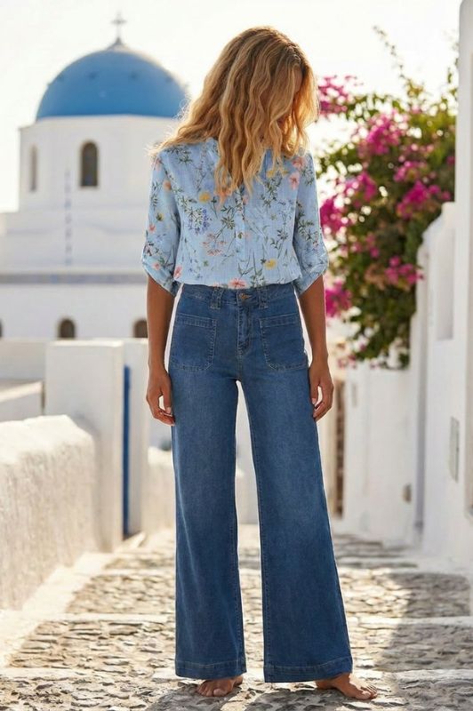 Moondust gage bluse i bomuld I Blå med farverige blomster I Dresslab