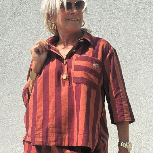 PRE ORDER Gaspar Mumbai stribe I Cool poplin bluse i burnt sienna strib