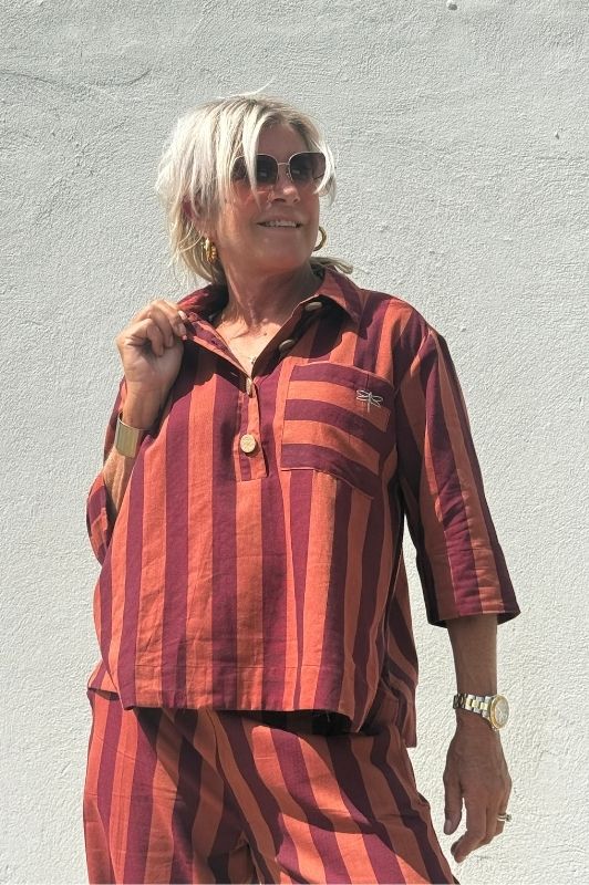 PRE ORDER Gaspar Mumbai stribe I Cool poplin bluse i burnt sienna strib