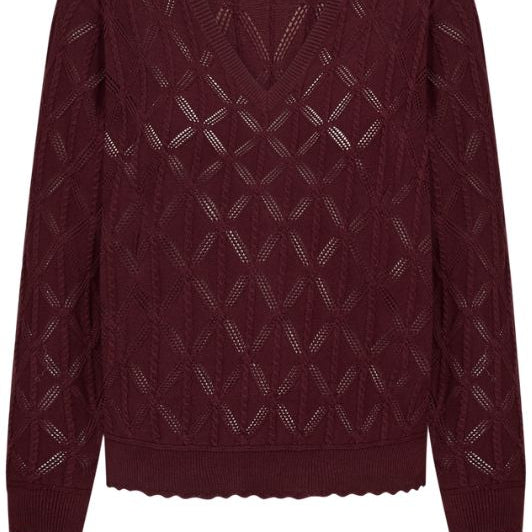 FreeQuent Dodo strik pullover | V-neck med hulmønster bordeaux
