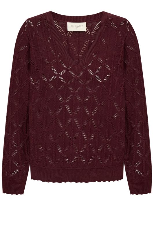 FreeQuent Dodo strik pullover | V-neck med hulmønster bordeaux