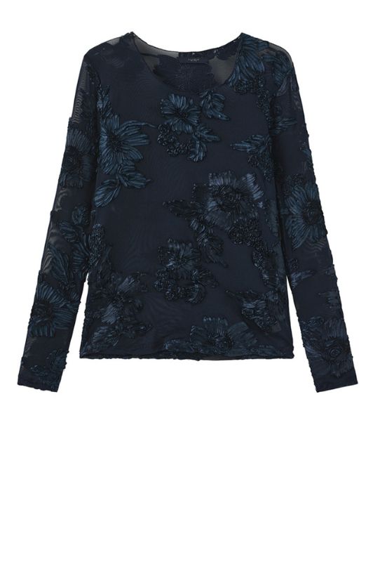 Luxzuz Florana t-shirt I Mørkeblå meshbluse med blomsterdetaljer