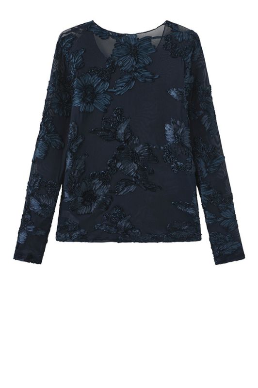 Luxzuz Florana t-shirt I Mørkeblå meshbluse med blomsterdetaljer