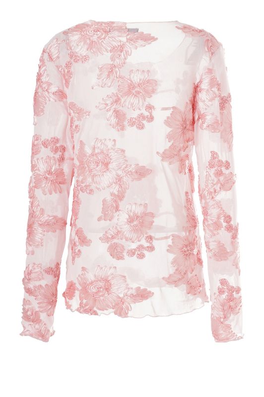 Luxzuz Florana t-shirt I Cremefarvet meshbluse med lyserøde blomsterdetaljer
