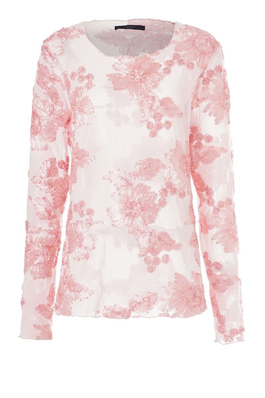 Luxzuz Florana t-shirt I Cremefarvet meshbluse med lyserøde blomsterdetaljer