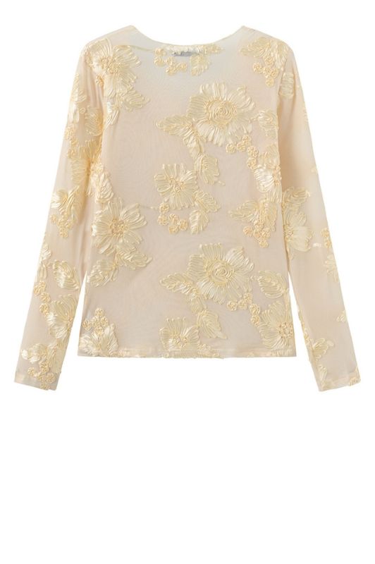 Luxzuz Florana t-shirt I Gul meshbluse med blomsterdetaljer