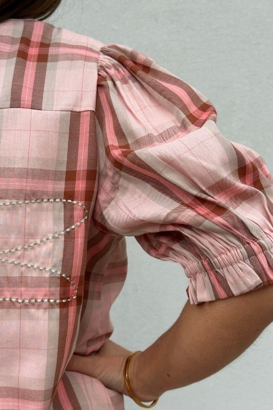 Gaspar Tunø check bluse i rosa tern I Dresslab