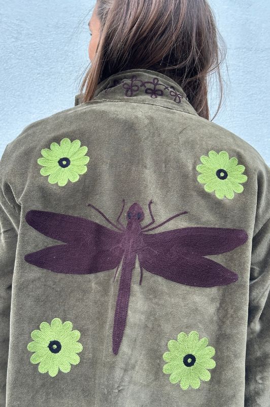 Utah short velvet jacket I  Velourjakke med broderi i olivengrøn