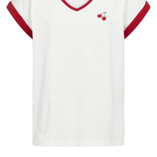 FreeQuent Viva t-shirt | Hvid t-shirt med broderi og rød kontrast I Dresslab