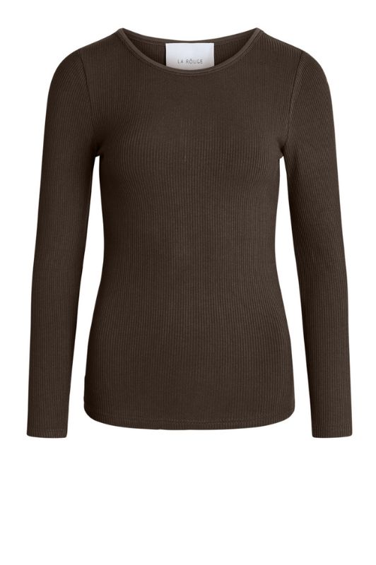 La Rouge Lisa langærmet ribtop med rund hals i mørkebrun | DressLab
