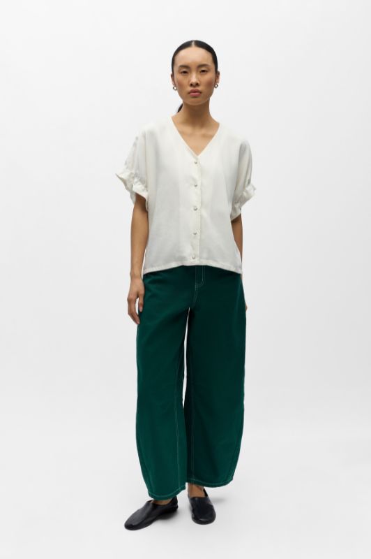 Object Frame V-neck creme bluse med korte ærmer