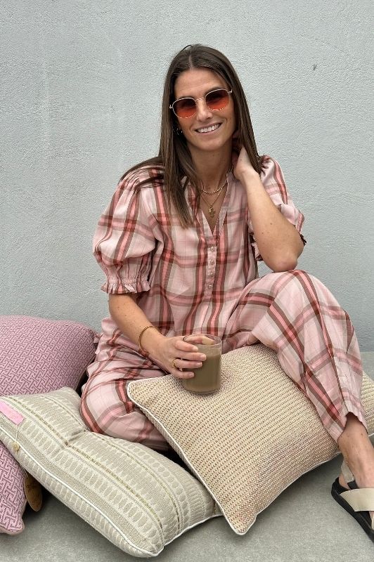 Gaspar Tunø check bluse i rosa tern I Dresslab