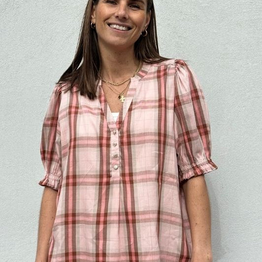 Gaspar Tunø check bluse i rosa tern I Dresslab