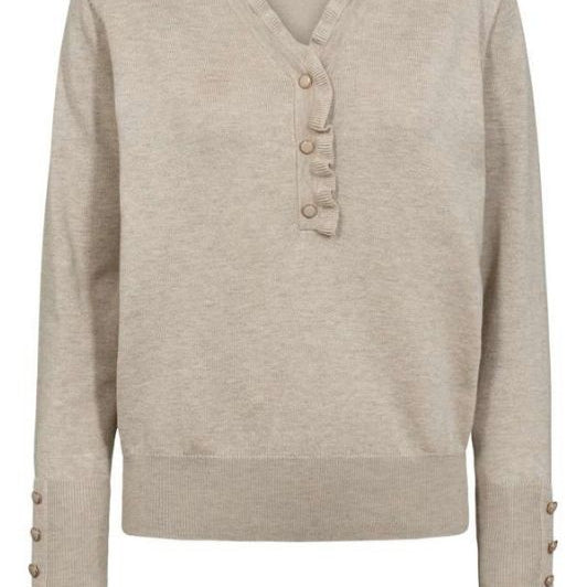 FreeQuent Katie strik pullover | V-neck med flæsekant i sand
