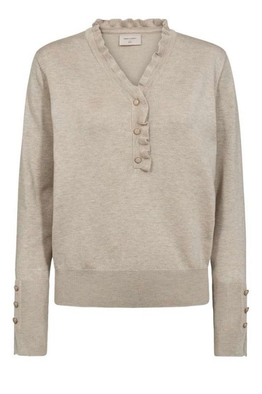 FreeQuent Katie strik pullover | V-neck med flæsekant i sand