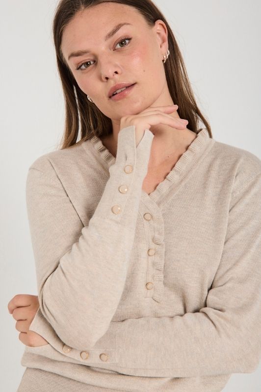 FreeQuent Katie strik pullover | V-neck med flæsekant i sand