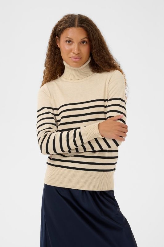 Saint Tropez Mila strik | Strikket rullekrave pullover i offwhite med sorte striber