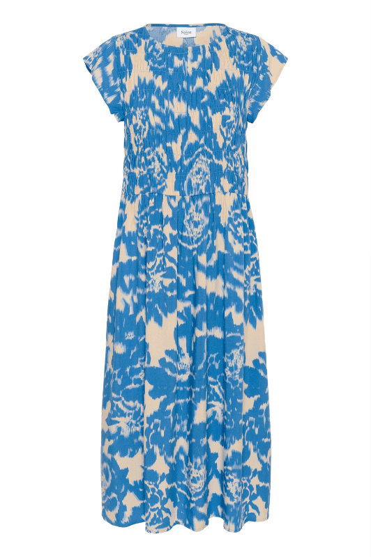 Saint Tropez Gisla Maxi Dress I Sommerkjole med smock i flot blåt print