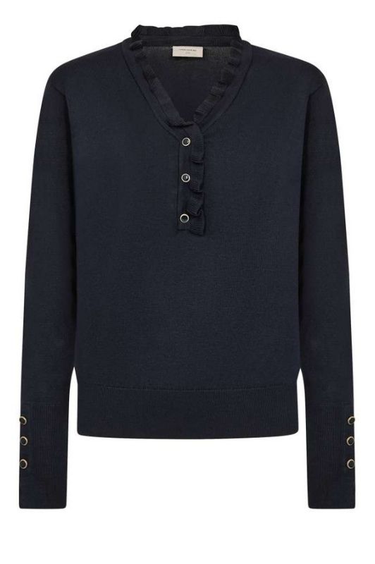 FreeQuent Katie strik pullover | V-neck med flæsekant i navy