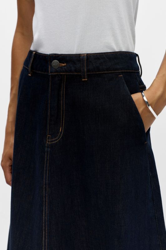 Object Isira skirt I Lang a-shape denim nederdel i mørk vask