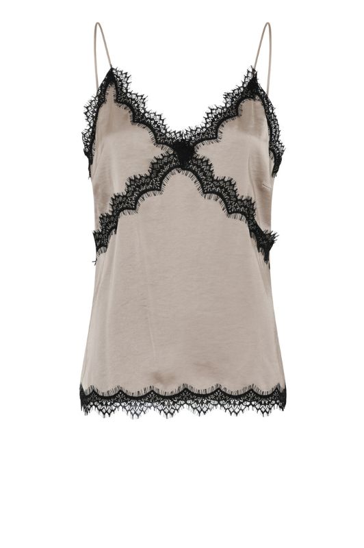 La Rouge Lotte | Satin top med blondekant i sand