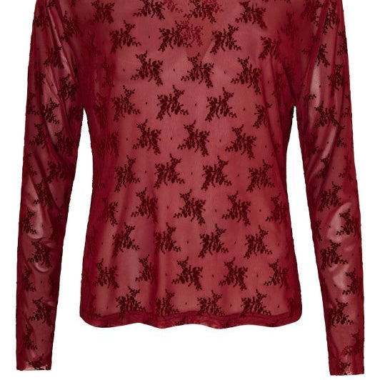 Ofelia Gitte bluse | Bordeaux meshbluse med tone i tone print