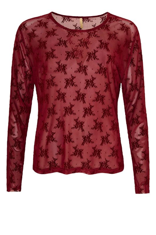 Ofelia Gitte bluse | Bordeaux meshbluse med tone i tone print