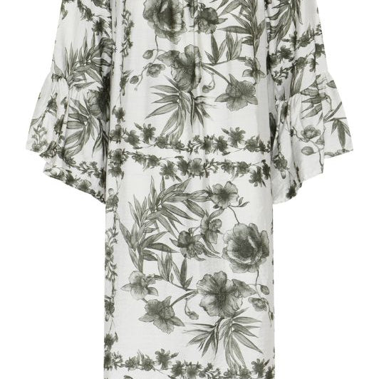 Moondust Lina khaki dress I Flot printet viskose sommerkjole