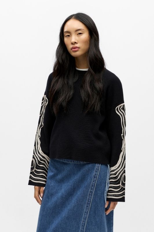 Object Reynard deco strik i Sort med offwhite broderi