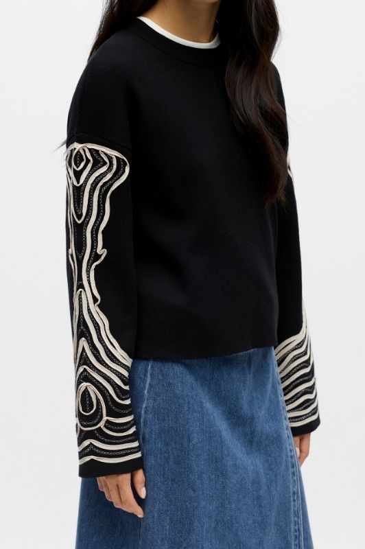 Object Reynard deco strik i Sort med offwhite broderi