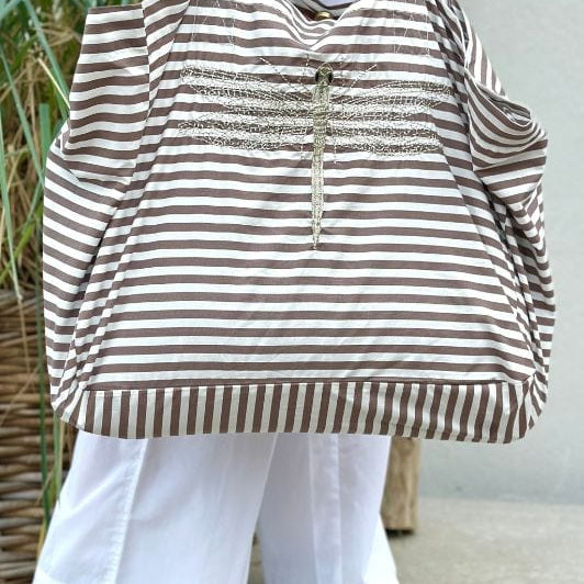 Gaspar Fiji tote bag stribert brun med broderi I Dresslab