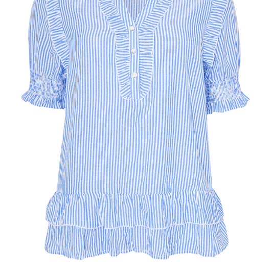 Ofelia Neel bluse | Blå stribet bluse med flæse