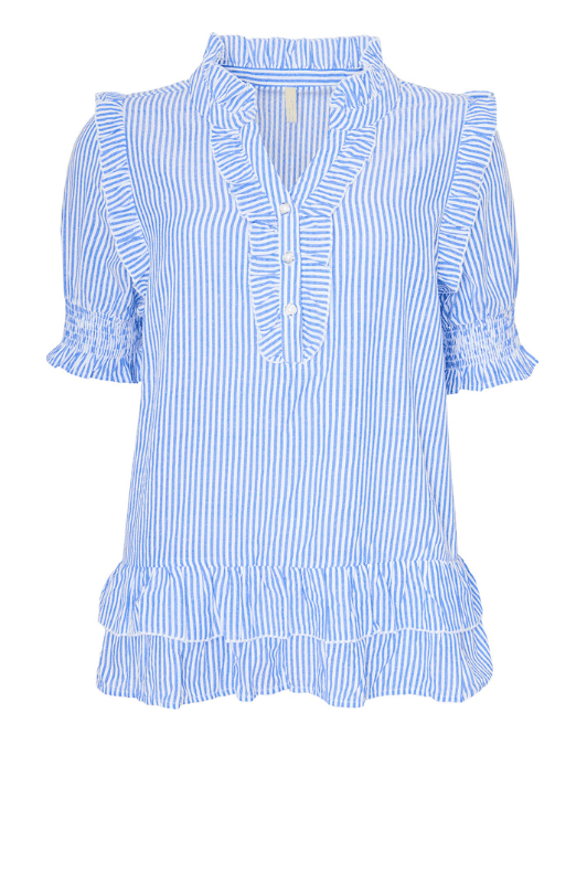 Ofelia Neel bluse | Blå stribet bluse med flæse