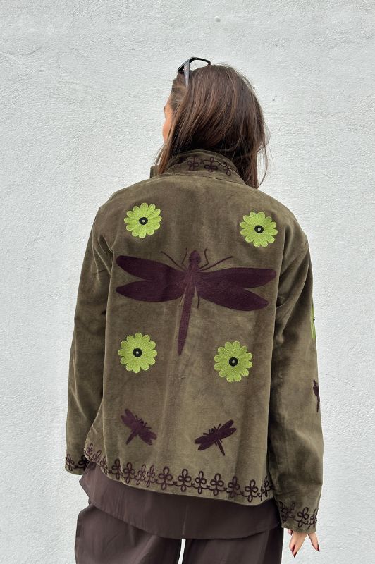 Utah short velvet jacket I  Velourjakke med broderi i olivengrøn