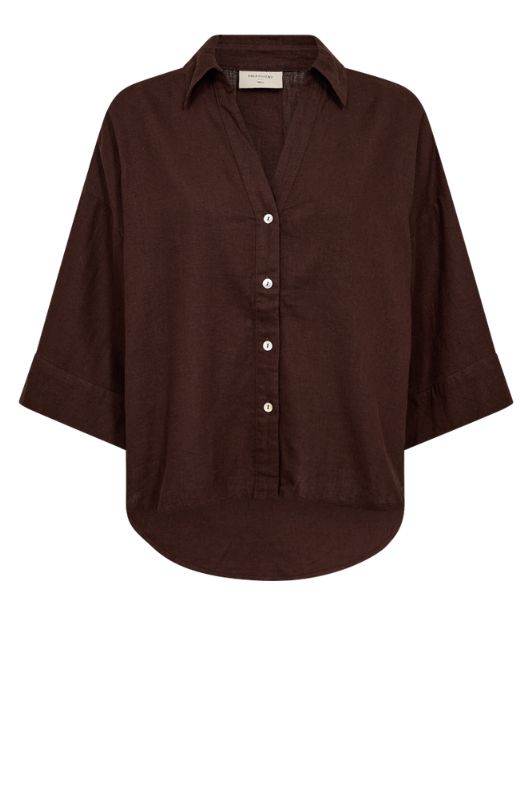 Freequent Lava shirt | Hørskjorte med v-hals i brun I Dresslab