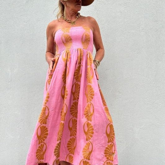 Gaspar Polo dress | Stropløs kjole i pink jaquard I Dresslab