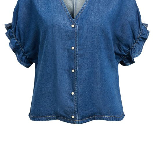 Object Frame V-neck denim bluse med korte ærmer