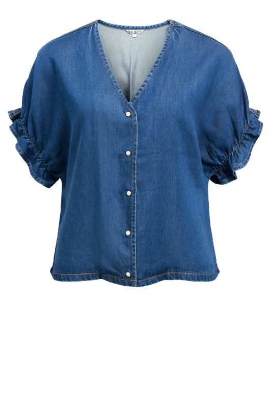 Object Frame V-neck denim bluse med korte ærmer