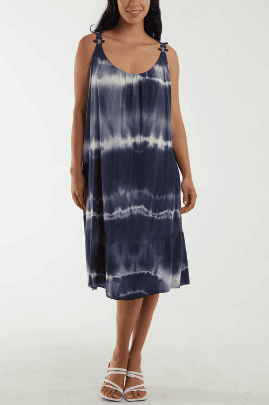New London tie dye A-shape kjole i marine & khaki
