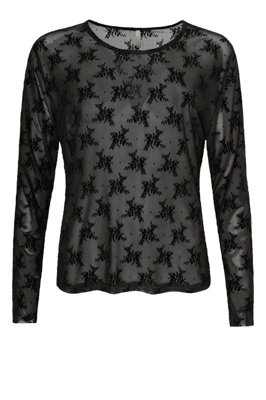 Ofelia Gitte bluse | Sort meshbluse med tone i tone print