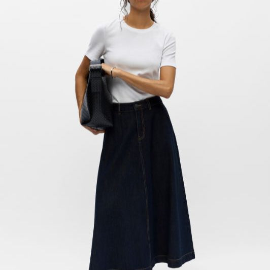 Object Isira skirt I Lang a-shape denim nederdel i mørk vask