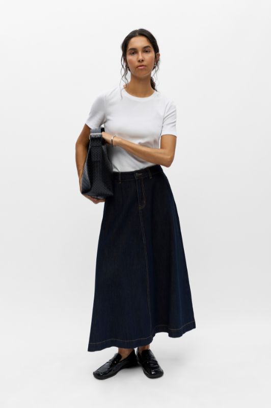 Object Isira skirt I Lang a-shape denim nederdel i mørk vask